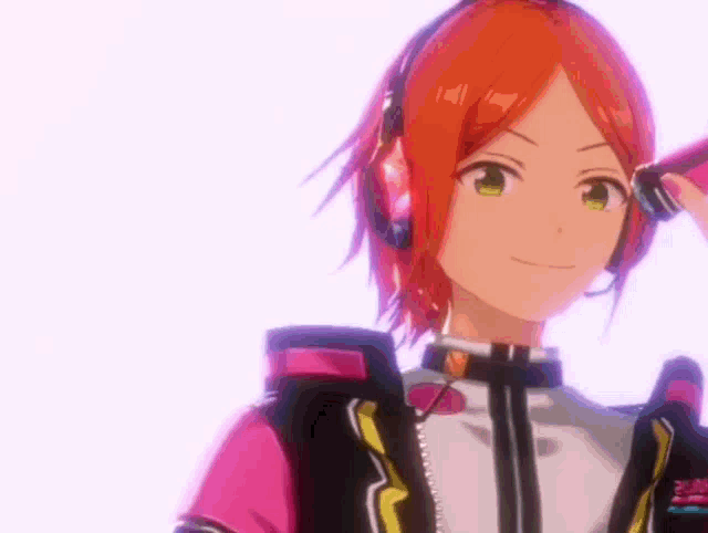 a girl with red hair is wearing headphones and a microphone .