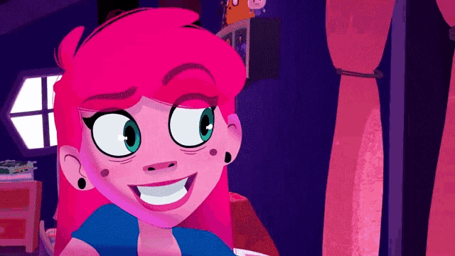 a cartoon girl with pink hair and blue eyes smiles