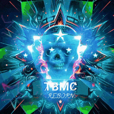 a tbmc reborn poster with a skull and stars on it