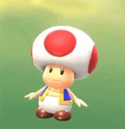 a cartoon toad with a red circle on his hat is standing on a green field .