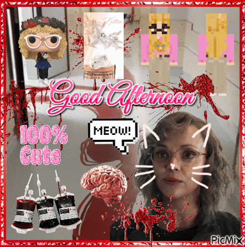 a collage of pictures with the words good afternoon 100 % cute and meow