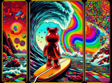 a painting of a teddy bear on a surfboard