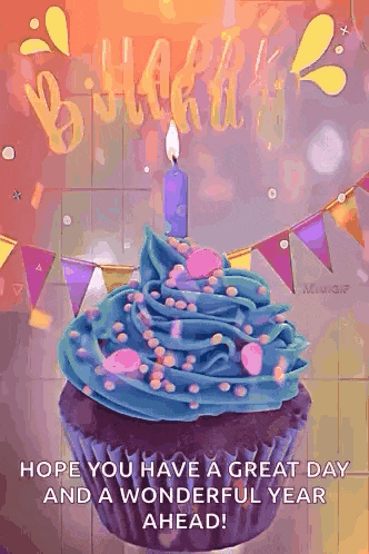 a birthday card with a cupcake with blue frosting and a candle