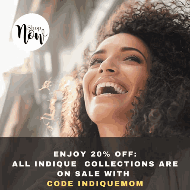 a woman with curly hair is smiling and says enjoy 20 % off