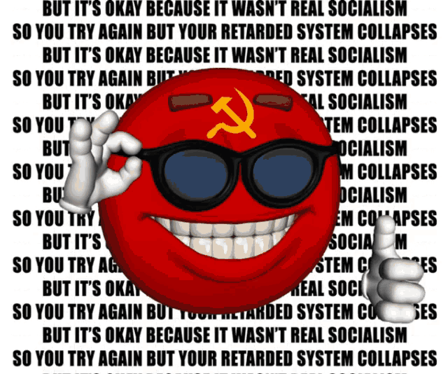 a smiley face with sunglasses and a hammer and sickle on it