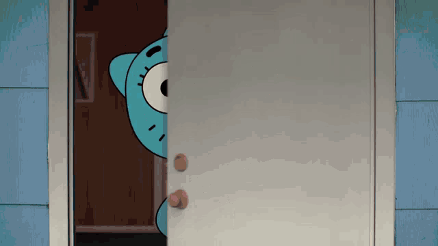 gumball from the amazing world of gumball peeking out from behind a door