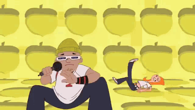 a group of cartoon characters are standing around a man with a microphone in his hand