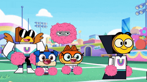 a group of cartoon characters standing next to each other on a field with pom poms .