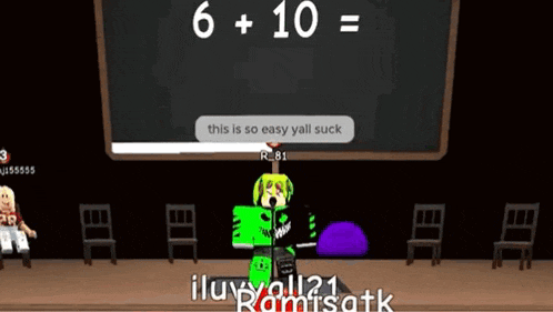 a cartoon character is standing in front of a blackboard with the number 6 + 10 written on it .