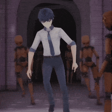 a man in a white shirt and blue jeans is walking through a hallway surrounded by robots