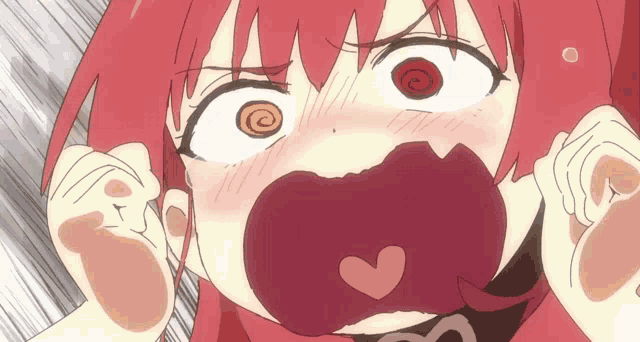 a girl with red hair and a heart in her mouth is making a funny face