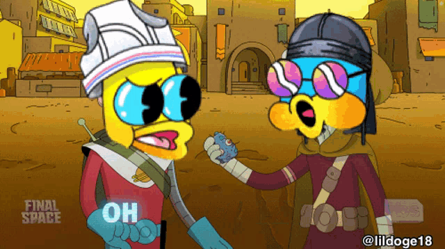two cartoon characters are standing next to each other and one of them has the word oh on his shirt