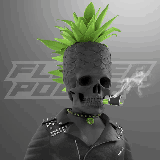 a skull with a pineapple mohawk smoking a cigarette in front of a flyer police logo