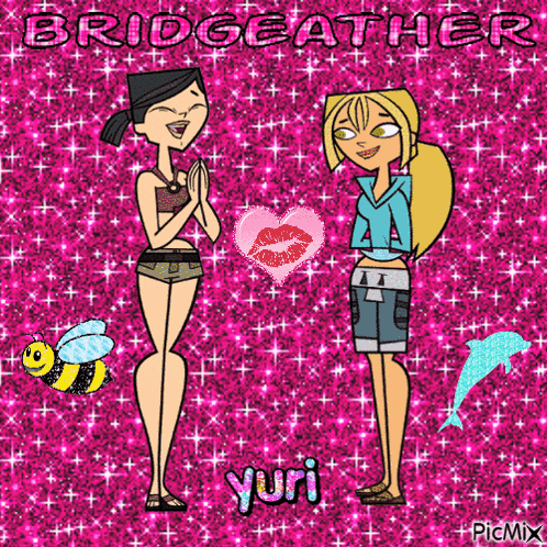 two cartoon girls are standing next to each other on a pink background