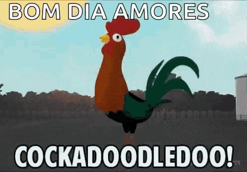 a cartoon rooster is standing in a field with the words bom dia amores cocka doodledoo .