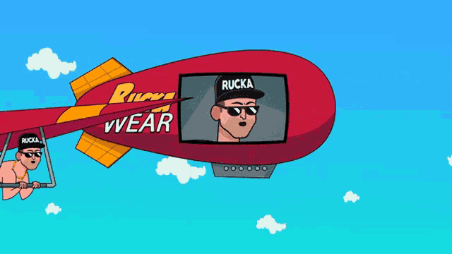 a cartoon of two men flying in a zeppelin with the words rucka wear on the side