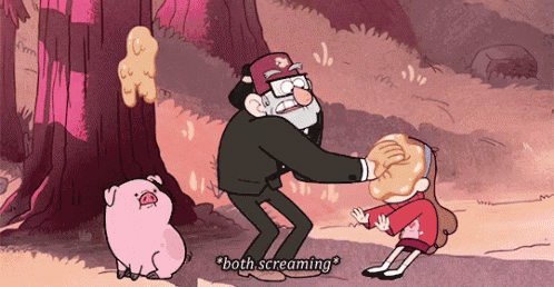 a cartoon character says both screaming while holding a sandwich