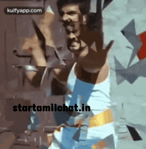 a man in a white tank top is making a funny face and has the website starttamilchat.in written below him