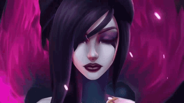 a close up of a woman 's face with her eyes closed in front of a purple background .