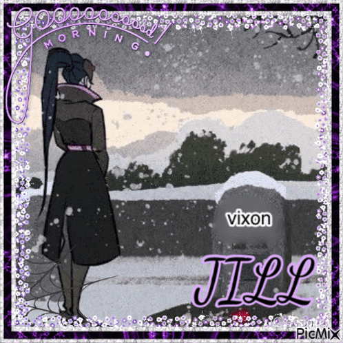 a drawing of a woman standing in front of a grave with the name jill on the bottom