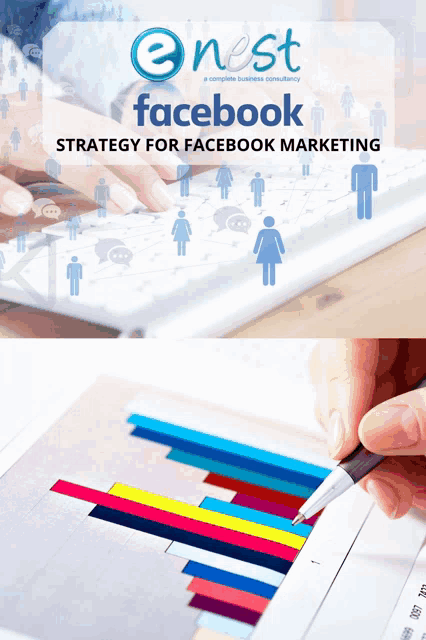 an ad for facebook strategy for facebook marketing shows a person typing on a keyboard and a person writing on a graph