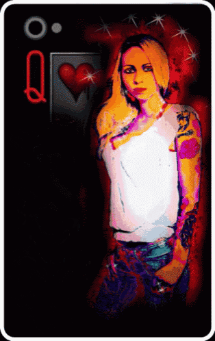 queen of hearts playing card with a woman in front of it