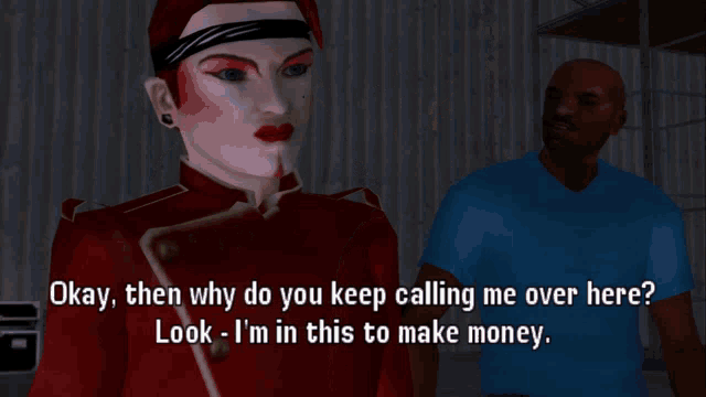 a video game screen shows a woman talking to a man