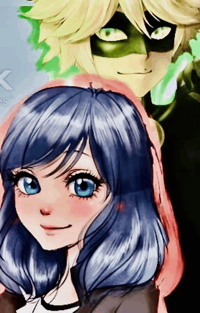 a girl with blue hair is smiling next to a man in a mask