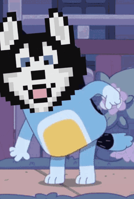 a pixel art drawing of a husky dog in a blue outfit