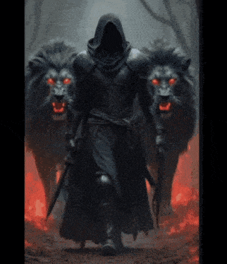a knight with red eyes is surrounded by lions