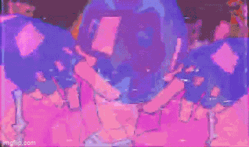 a cartoon of a person wearing a helmet and gloves with a purple background .