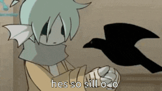 a cartoon character is holding a bird and says he 's so silly o o .