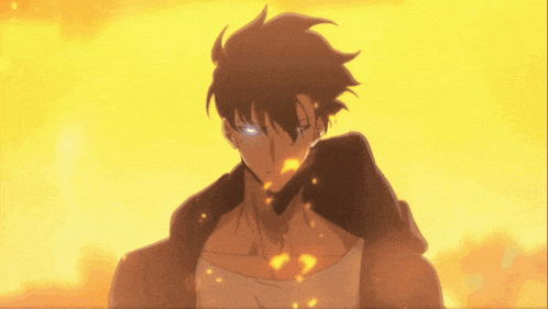 a man with glowing blue eyes stands in front of a yellow background