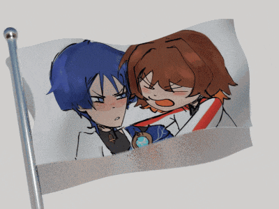 a drawing of a boy with blue hair and a girl with brown hair is on a flag