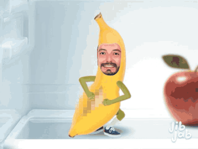 a cartoon of a man dressed as a banana with jib jab written on the bottom