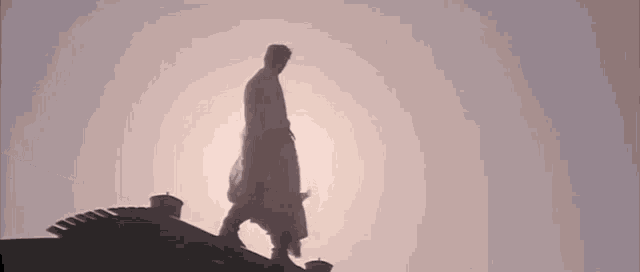 a silhouette of a man standing on top of a building in front of a cloudy sky .