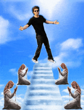 a man with his arms outstretched is standing on top of a staircase surrounded by people praying