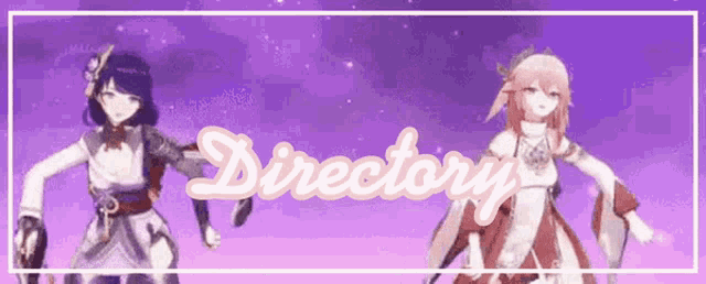 two anime girls are standing next to each other on a purple background with the words `` directory '' written above them .
