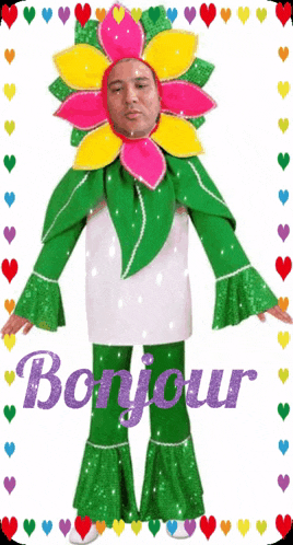 a man dressed in a flower costume with the word bonjour on the bottom