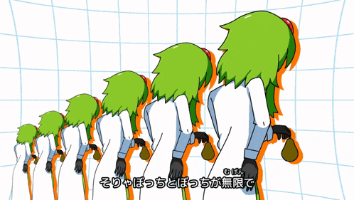 a cartoon of a girl with green hair holding a circle with an infinity symbol on it