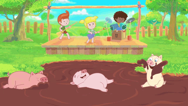 a group of pigs are playing in a muddy puddle in a cartoon scene