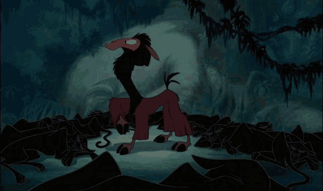 a cartoon character with a long neck is standing in a dark forest