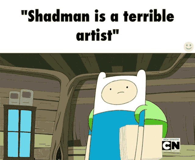 a cartoon character with the words " shadman is a terrible artist " above him