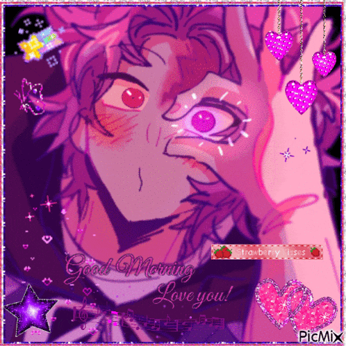 a picture of a girl with purple hair and red eyes with the words good morning love you