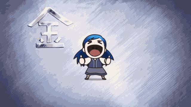 a cartoon girl with blue hair is crying in front of chinese characters