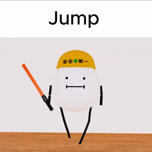 a cartoon character wearing a yellow hard hat and holding a baton with the word jump above it