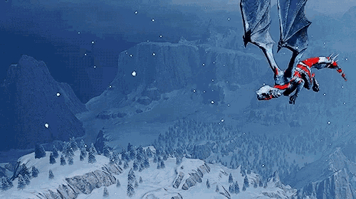 a dragon in a santa hat is flying over a snowy mountain