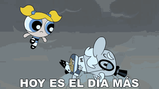 bubbles from the powerpuff girls is flying over a man laying down