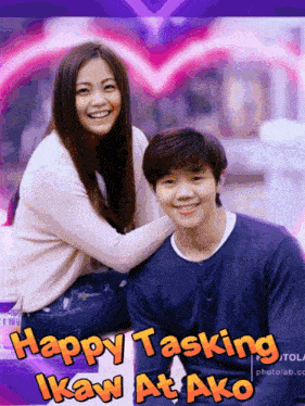 a couple posing for a picture with the words happy tasking ikaw at ako