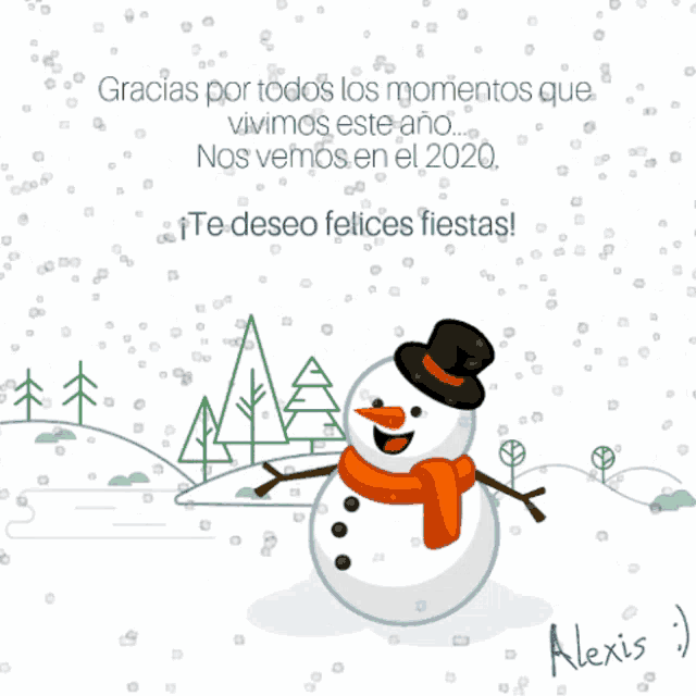 a snowman with a top hat and scarf is on a snowy background